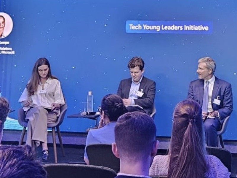 From left to right: Alena Kudzko, Director, European Government Affairs at Microsoft; Marie Ketterlin, Research Assistant to the Chair of Transatlantic Trade and Economy; Nick Reiners, Eurasia Group; Prof. Michael Koplovsky, professor, MATA program.